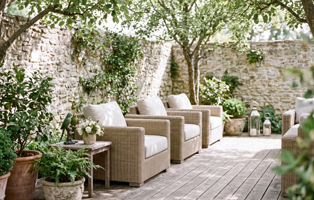 Pátio externo com poltronas de fibra natural e jardim